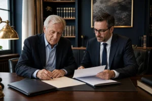 Klient sporządzający testament podczas konsultacji z prawnikiem